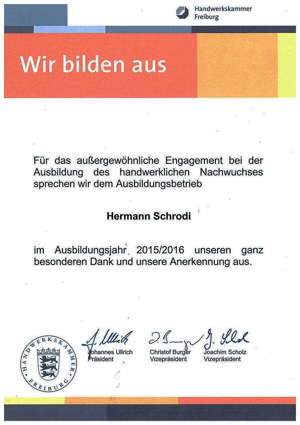 Zertifikat für außergewöhnliche Engagement bei der Ausbildung des handwerklichen Nachwuchses